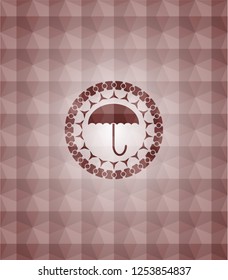 umbrella icon inside red emblem with geometric pattern. Seamless.