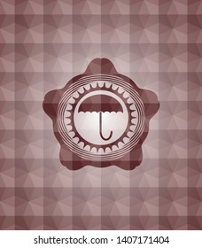 umbrella icon inside red emblem or badge with abstract geometric polygonal pattern background. Seamless.