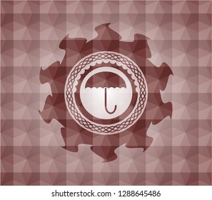 umbrella icon inside red geometric pattern emblem. Seamless.
