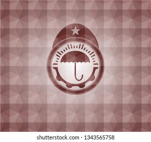 umbrella icon inside red geometric pattern emblem. Seamless.