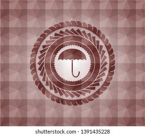 umbrella icon inside red geometric emblem. Seamless.