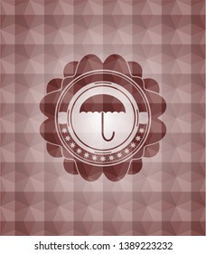 umbrella icon inside red polygonal badge. Seamless.