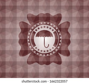 umbrella icon inside red polygonal badge. Seamless.