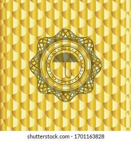 umbrella icon inside shiny golden emblem. Scales pattern. Vector Illustration. Detailed.