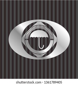 umbrella icon inside silvery shiny badge
