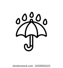 Ícone de guarda-chuva em estilo de linha com painéis decorativos e várias gotas de chuva. Perfeito para infográficos meteorológicos e uma interface de usuário com tema de dia chuvoso.