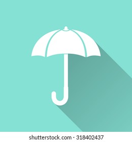 Umbrella  icon with long shadow on green background, flat design. Vector illustration.