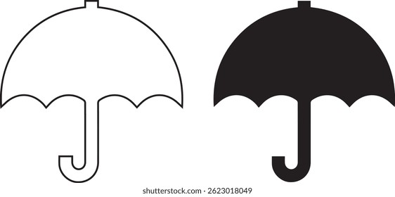 Umbrella icon, minimalist design, black and white, outline drawing, simple graphic, weather symbol, protection concept, side view, curved