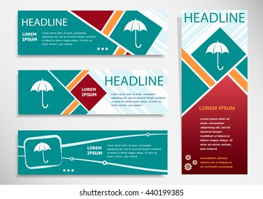 Umbrella icon on horizontal and vertical banner. Modern abstract flyer, banner, brochure design template. 