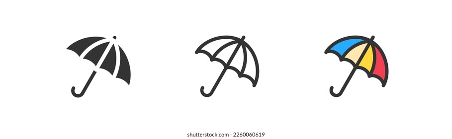 Regenschirmsymbol auf hellem Hintergrund. Wasserschutzsymbol. Frühling, Herbst, Logo, Sonnenschirm, Mode, Outfit Elemente Schilder. Konzentrierter, flacher und farbiger Stil. Flaches Design. Vektorgrafik