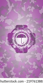 Umbrella Icon On Pink Camo Pattern. 