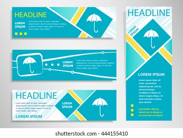 Umbrella icon on vertical and horizontal banner. Modern abstract flyer, banner design template.