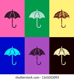 umbrella icon. Pop art style. Scratched icons on 6 colour backgrounds. Seamless pattern