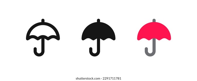 Umbrella icon. Protection parasol symbol. Rain weather signs. Season symbols. Rainy icons. Black, flat color. Vector isolated sign.