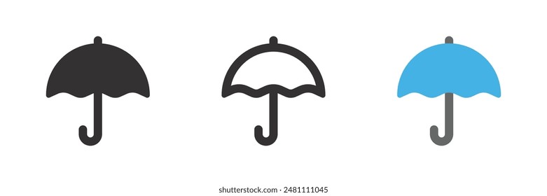 Umbrella icon. Protection parasol symbol. Rain weather signs. Season symbols. Rainy icons. Black, flat color. Vector isolated sign. Travel parasol with handle vector sign. Open umbrella for rain