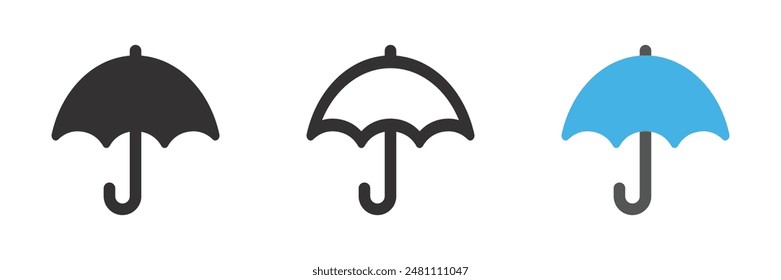 Umbrella icon. Protection parasol symbol. Rain weather signs. Season symbols. Rainy icons. Black, flat color. Vector isolated sign. Travel parasol with handle vector sign. Open umbrella for rain