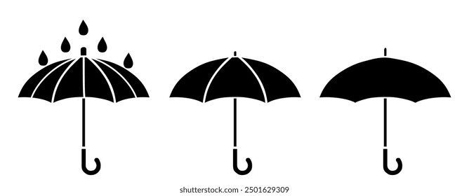 Icono de paraguas. Símbolo de parasol de protección. Señales de Clima de lluvia. Símbolos de temporada. Iconos lluviosos. Negro, color plano. Vector signo aislado.