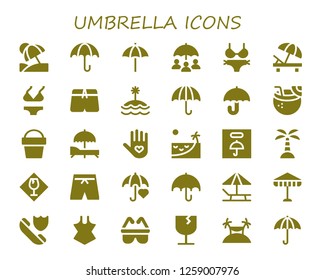 umbrella icon set. 30 filled umbrella icons. Simple modern icons about  - Vacation, Umbrella, Beach umbrella, Insurance, Bikini, Sunbed, Swimsuit, Island, Coconut drink, Sand bucket