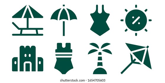 umbrella icon set. 8 filled umbrella icons. Included Sand castle, Sunbed, Swimsuit, Beach umbrella, Island, Summer icons