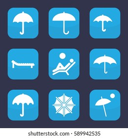 umbrella icon. Set of 9 filled umbrella icons such as umbrella, keep dry cargo, sunbed