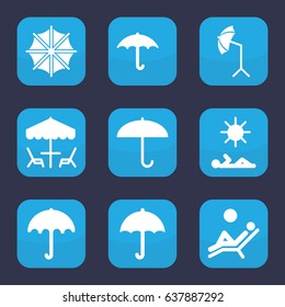 Umbrella icon. set of 9 filled umbrella icons such as keep dry cargo, man laying in sun
