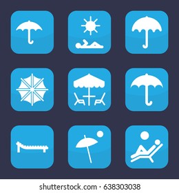 Umbrella icon. set of 9 filled umbrella icons such as keep dry cargo, sunbed, man laying in sun