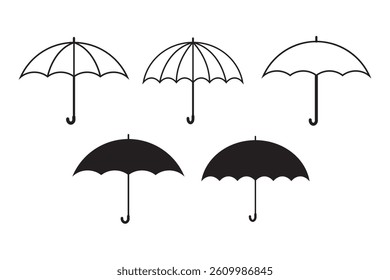 Umbrella icon set in black color. black silhouette vector icon set isolated on white background. Different shape umbrella symbol collection. vector illustration.