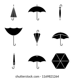 Umbrella icon set. Black silhouette of rain resistant accessory on white