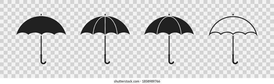 Umbrella icon set. Black umbrellas on transparent background. Collection of simple silhouette. Flat illustration ,isolated. 10 eps