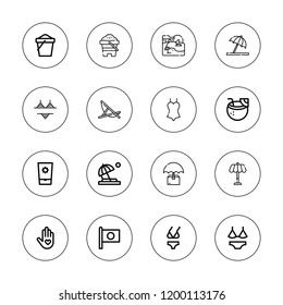 Umbrella icon set. collection of 16 outline umbrella icons with beach, bikini, coconut drink, insurance, lounger, japan, sand, umbrella, swimsuit icons.