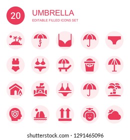 umbrella icon set. Collection of 20 filled umbrella icons included Island, Umbrella, Bikini, Beach, Sand bucket, Insurance, Sand castle, Wet protect, Side up, Japanese, Cloudy