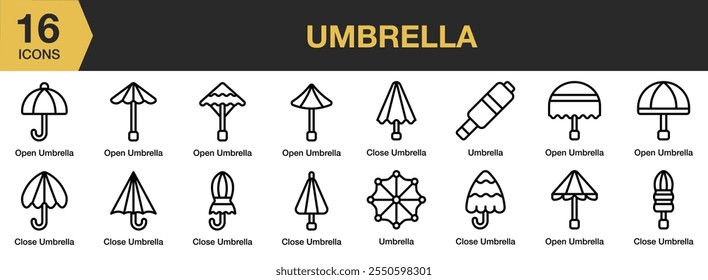 Umbrella icon set. Includes open umbrella, close, and More. Outline icons vector collection.