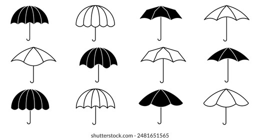 Conjunto de iconos de paraguas. Estilo de línea, plano y silueta. Ilustración vectorial.