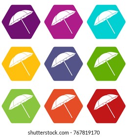Umbrella icon set many color hexahedron isolated on white vector illustration