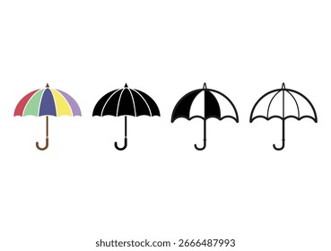 Conjunto de iconos de paraguas. Protección contra la lluvia, diseño plano de silueta en blanco y negro, colección simbólica de Ilustración vectorial de ícono de paraguas