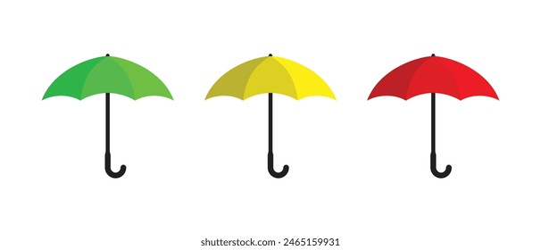 Umbrella icon. Set of umbrellas red yellow and green, from sun and rain, vector illustration.