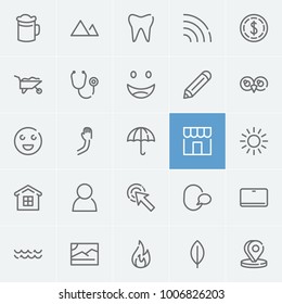 Umbrella icon with shop, emoji and click here editable symbols. Set of pointer, happy, man icons and peak concept. Editable vector elements for logo app UI design.