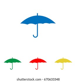 Umbrella icon. Vector. Big blue flat icon with red, green and yellow small icons at white background. Isolated.