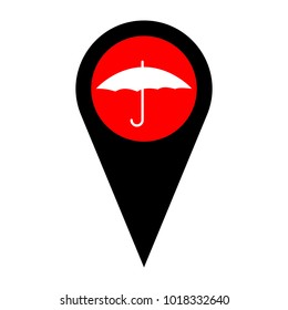 Umbrella icon. Vector. Flat white icon in red circle at black marker on white background. Isolated.