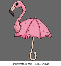 Umbrella icon. Vector illustration of children's umbrella with flamingo. Hand drawn flamingo umbrella.