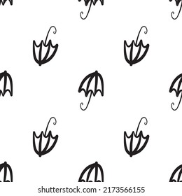 Umbrella icon vector illustration. Seamless pattern. Hand drawn black design. Rain protect safety concept. Isolated graphic symbols. Autumn art sign.