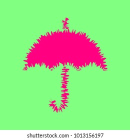 Umbrella icon. Vector. Magenta rough icon on greenish background. Isolated.