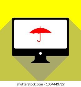 Umbrella icon. Vector. Red icon on white monitor of black all-in-one desktop computer with two shadows at yellow background.
