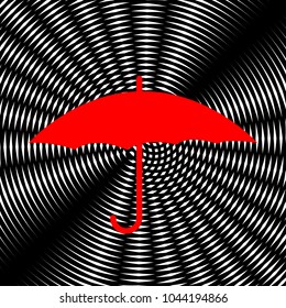Umbrella icon. Vector. Red icon on white and black radial interference as background.