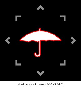Umbrella icon. Vector. White icon in gray focus like mandala on black background.