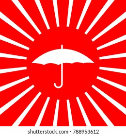 Umbrella icon. Vector. White icon on red sun with rays as background. Isolated.