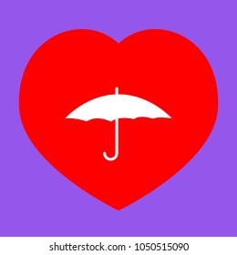 Umbrella icon. Vector. White icon in red heart at lavender background.
