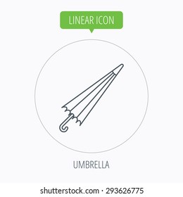 Umbrella icon. Water protection sign. Rainy weather symbol. Linear outline circle button. Vector