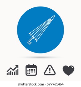 Umbrella icon. Water protection sign. Rainy weather symbol. Calendar, attention sign and growth chart. Button with web icon. Vector