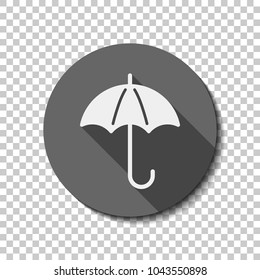 umbrella icon. White flat icon with long shadow in circle on transparent background
